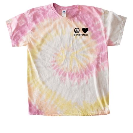 Peace, Love, Senior Dogs, a Desert Rose Classic Tie Dye Tee (back-view)