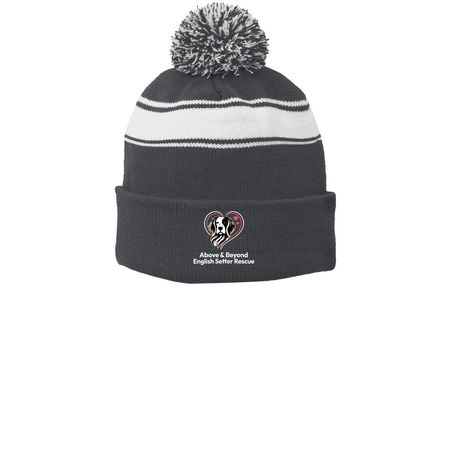 Beanie Bonanza, a Iron Grey/ White Printed Stripe Pom-Pom Beanie