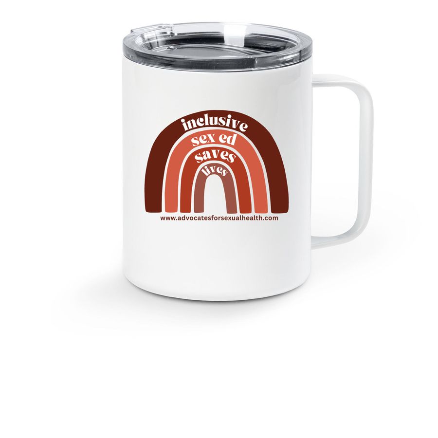 ASHE: Inclusive Sex Ed Saves Lives, a White Stainless Steel Travel Mug