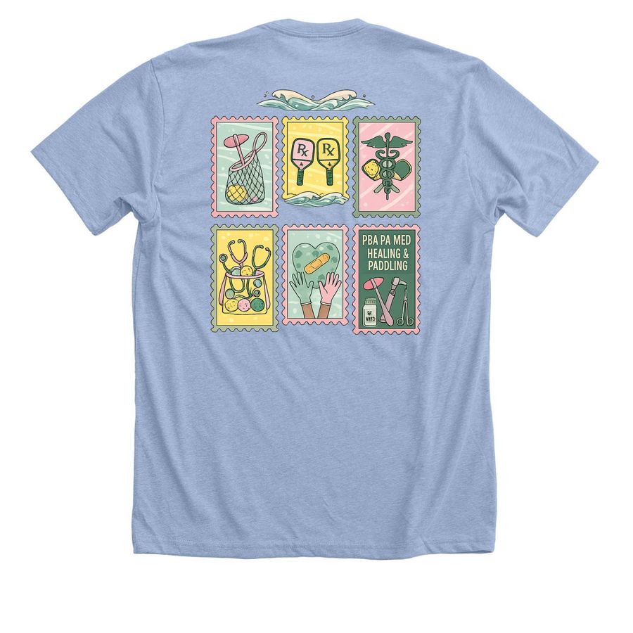 Healing and Paddling, a Heather Baby Blue Premium Unisex Tee (back-view)