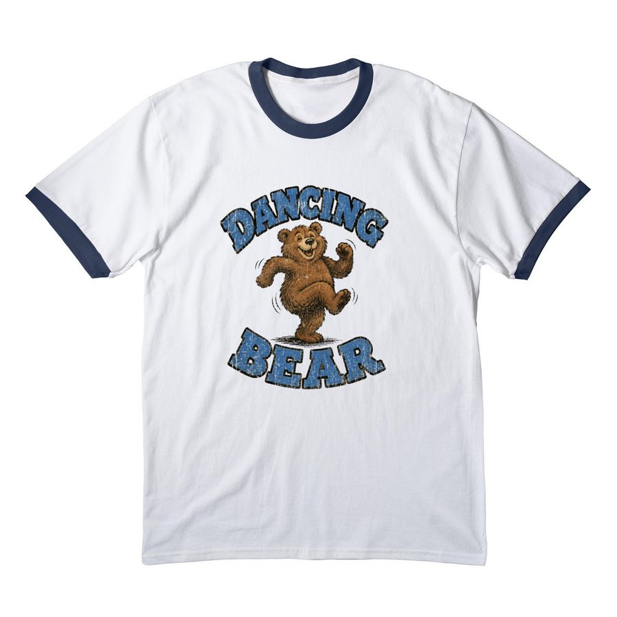 Vintage Dancing Bear T-Shirt, a White/ Navy Cotton Ringer Tee