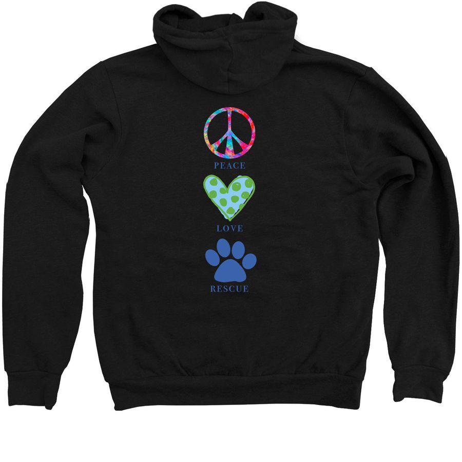 Peace, Love, Rescue Zip Up, a Black Zip Up Hoodie (back-view)