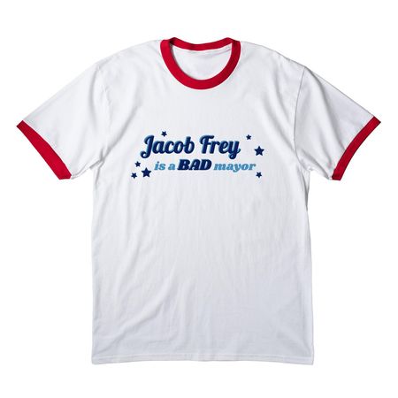 Tell Jacob Frey, a White/ Red Cotton Ringer Tee