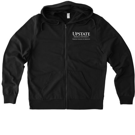 Apparel with a white front and back logo!, a Deep Black Allmade Organic French Terry Zip Up Hoodie