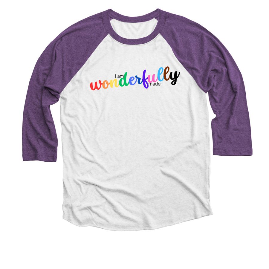 wonderfully made - script, a Purple Rush and Heather White 3/4 Sleeve Baseball Tee