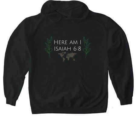 HERE AM I, a Black Gildan Softstyle Pullover Hoodie