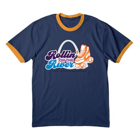 Rollin' on the River Tee Shirts & Tanks, a Navy/ Gold Cotton Ringer Tee