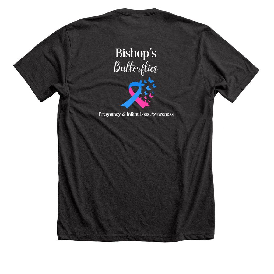 Bishop's Butterflies: PAIL Awareness, a Dark Grey Heather Premium Unisex Tee (back-view)