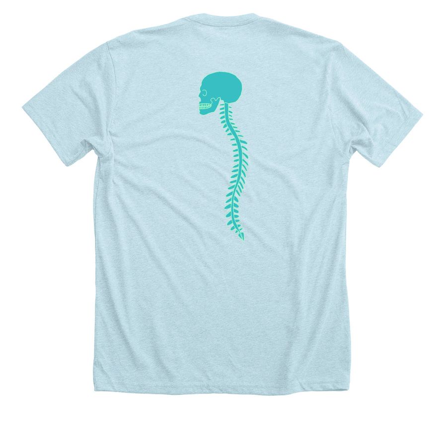 moving forward, a Heather Ice Blue Premium Unisex Tee (back-view)