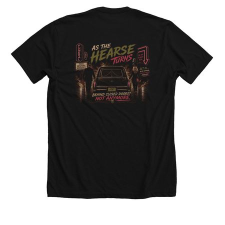 As The Hearse Turns 01, a Solid Black Blend Premium Unisex Tee (back-view)