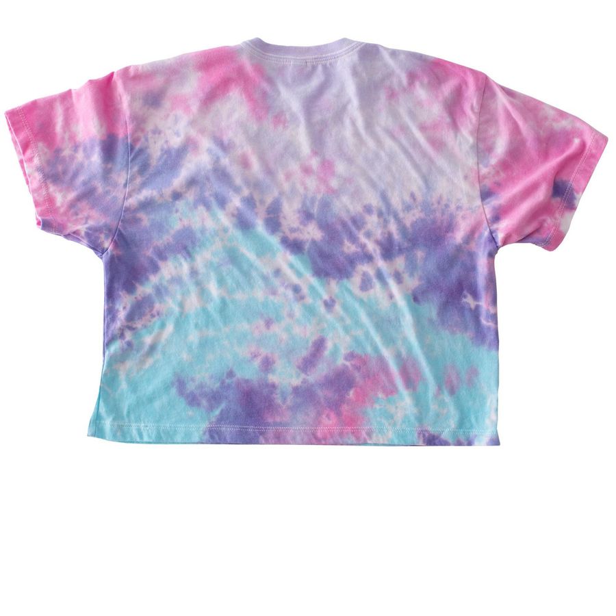 Pack Is Queer Tie Dye, a Cotton Candy Women's Tie Dye Cropped Tee (back-view)
