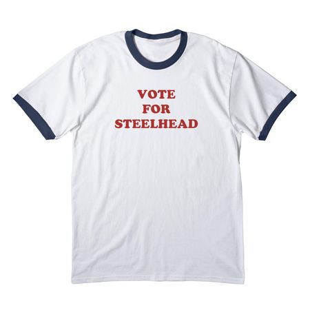 VOTE FOR STEELHEAD, a White/ Navy Cotton Ringer Tee