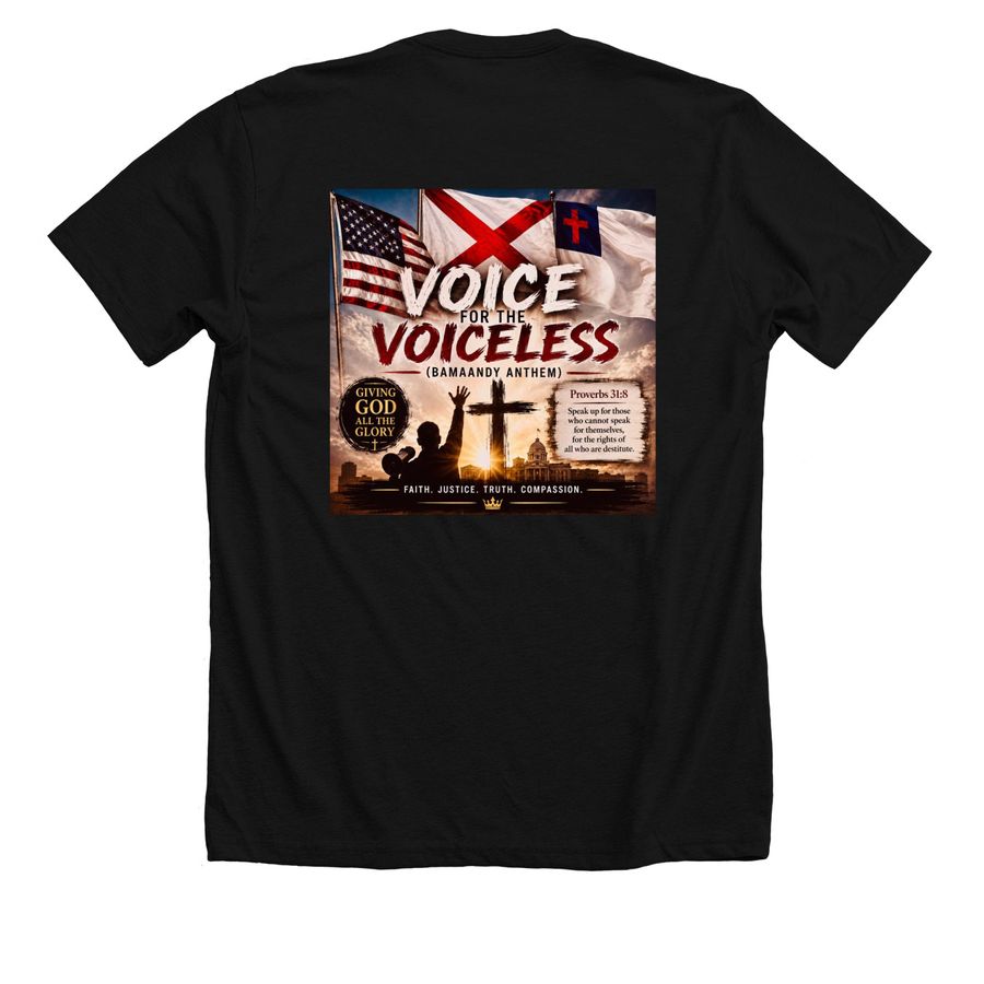 Voice for the Voiceless, a Solid Black Blend Premium Unisex Tee (back-view)
