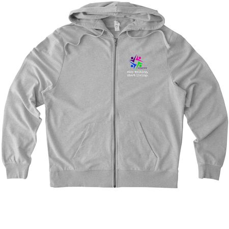 Stop Waiting, Start Living, a Granite Grey Heather Allmade Organic French Terry Zip Up Hoodie