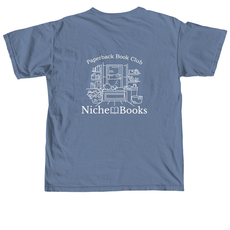 Paperback Book Club Merch, a Blue Jean Comfort Colors Unisex Tee (back-view)