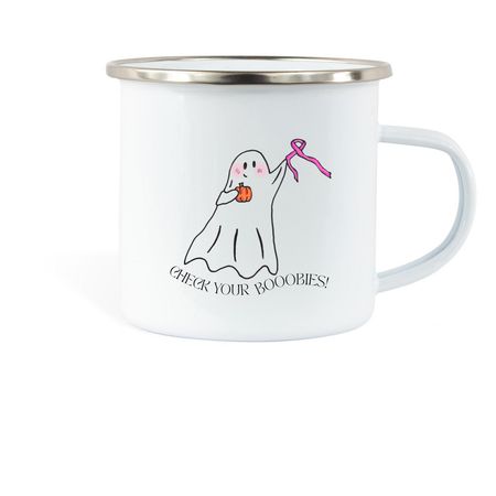 Limited Edition: "Check Your Booobies" Mug, a White Enamel Camping Mug