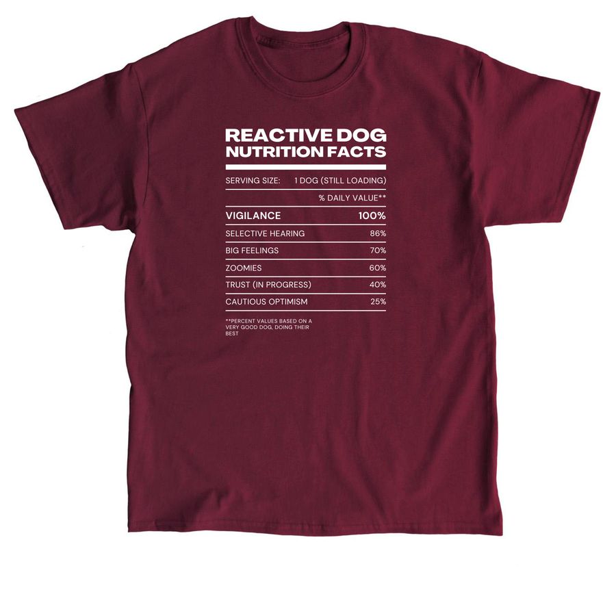 Nutrition Facts: Reactive Dog Edition, a Maroon Classic Unisex Tee