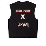 ZRVANI & Buried Emotions Insidious design, a True Black Heavyweight Garment Dye Muscle Tee (back-view)