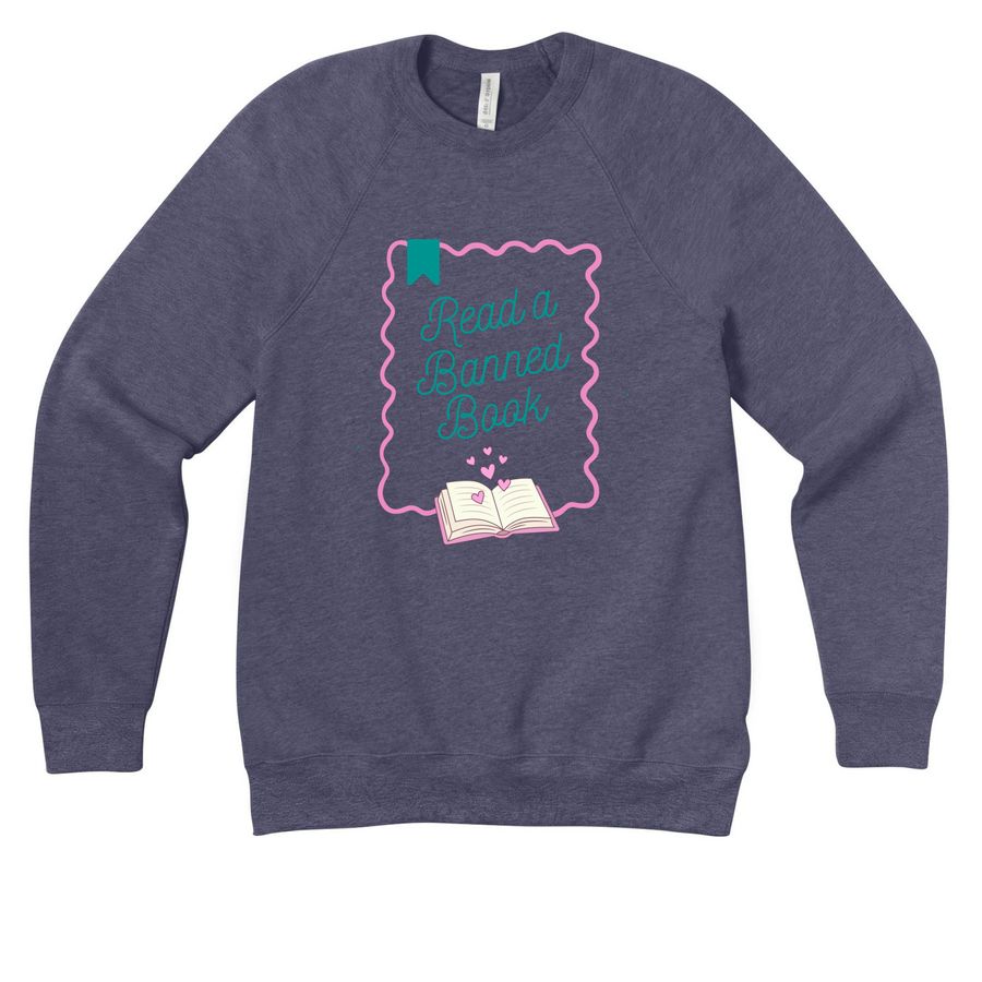 Read a Banned Book, a Heather Navy Premium Raglan Crewneck Sweatshirt