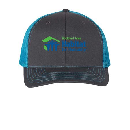 Habitat Logo Hats, a Charcoal/ Neon Blue Printed Snapback Trucker Cap