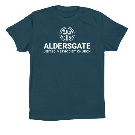 Aldersgate Vertical Logo, a Deep Teal Premium Cotton Tee