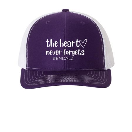 The Heart Never Forgets Baseball Caps, a Purple/ White Printed Snapback Trucker Cap