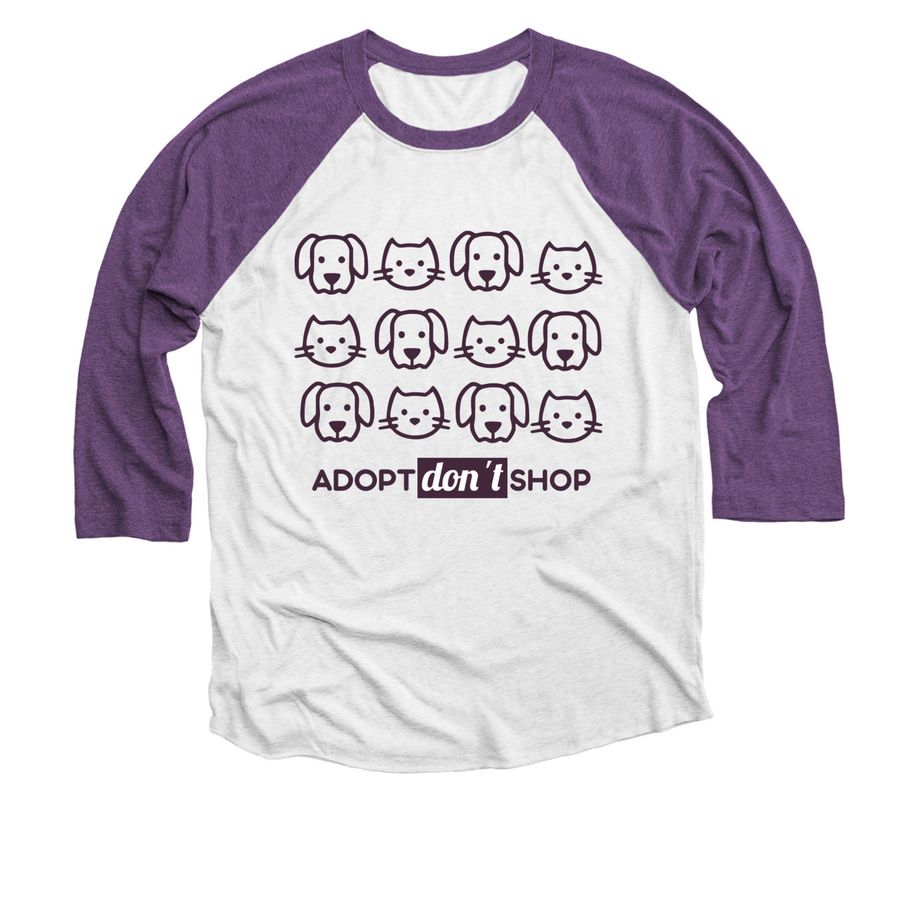 Adopt Don't Shop, a Purple Rush and Heather White 3/4 Sleeve Baseball Tee