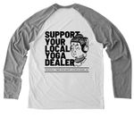 Support Your Local Yoga Dealer, a Aluminum Grey/ Bright White Allmade Eco Triblend Colorblock Raglan Long Sleeve Tee (back-view)