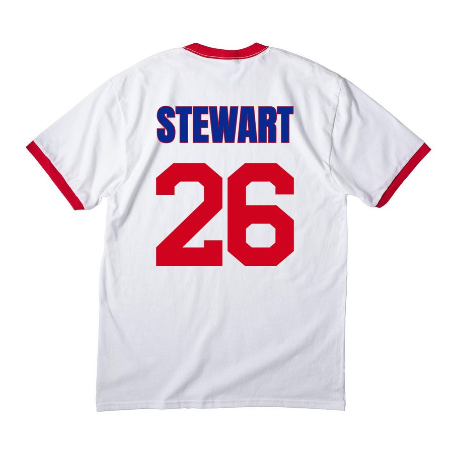Stewart, a White/ Red Cotton Ringer Tee (back-view)