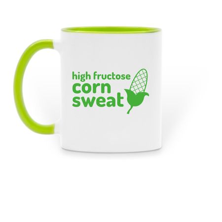 High Fructose Corn Sweat Emoji Mug, a Green Two-Tone Ceramic Mug (back-view)