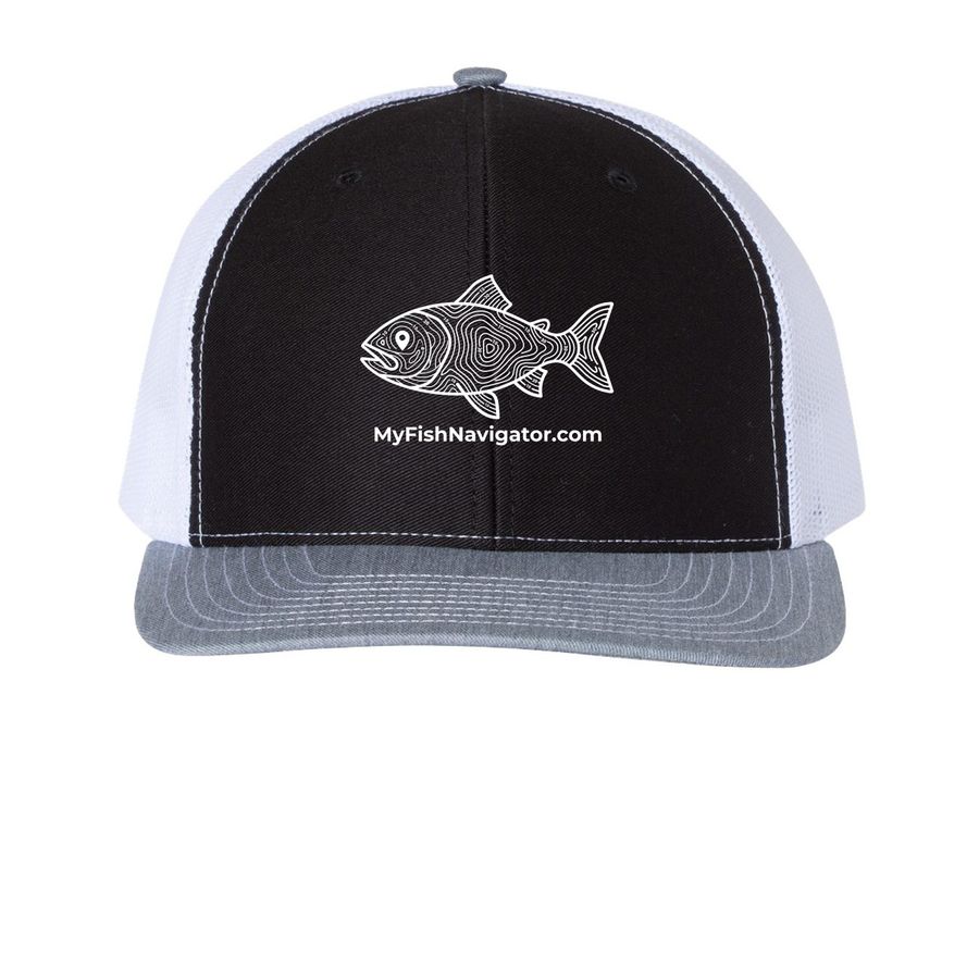 white logo, a Black/ White/ Heather Grey Printed Snapback Trucker Cap