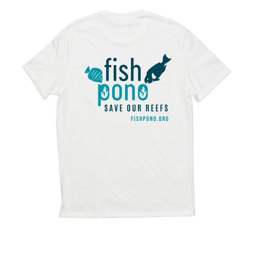 Fish Pono--Save Our Reefs, a Bright White Allmade Eco Triblend Unisex Tee (back-view)