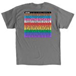FUPC Pride Welcome design on the back, a Charcoal Classic Unisex Tee (back-view)