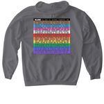 FUPC Pride Welcome design on the back, a Charcoal Gildan Softstyle Pullover Hoodie (back-view)