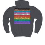 FUPC Pride Welcome design on the back, a Charcoal Youth Pullover Hoodie (back-view)
