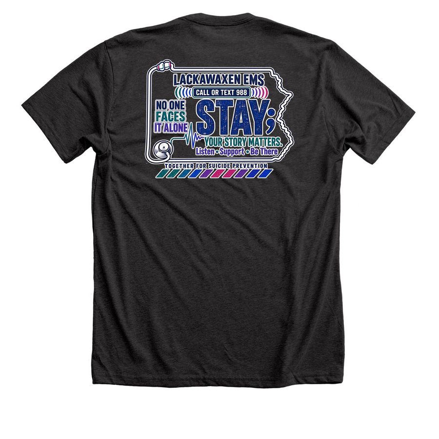Lackawaxen EMS: No One Faces It Alone, a Dark Grey Heather Premium Unisex Tee (back-view)