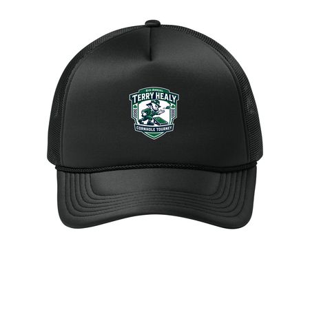 6th Annual Terry Healy Cornhole Tourney, a Deep Black Printed Foam Trucker Hat
