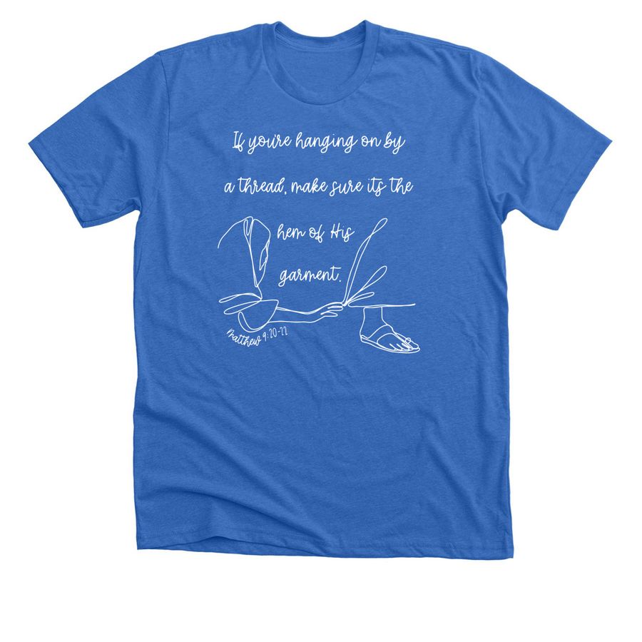 Hanging On By a Thread, a Heather True Royal Premium Unisex Tee