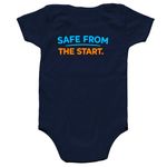 SAFE FROM THE START., a Navy Infant Onesie (back-view)