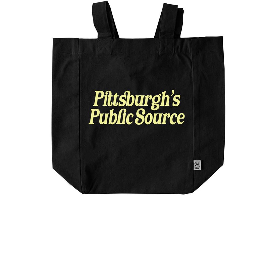 Pittsburgh's Public Source tote bag, a Black Recycled Cotton Tote Bag