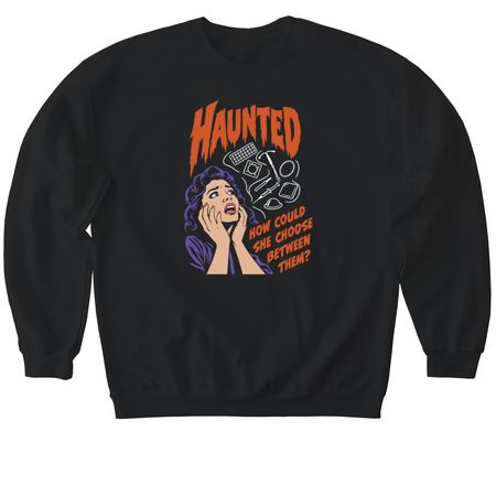"Haunted" by Birth Control Options, a Black Softstyle Crewneck Sweatshirt