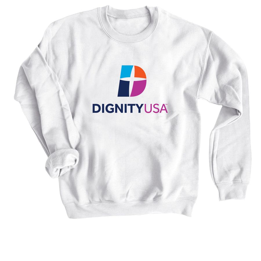 DignityUSA Stacked Logo Apparel, a White Crewneck Sweatshirt
