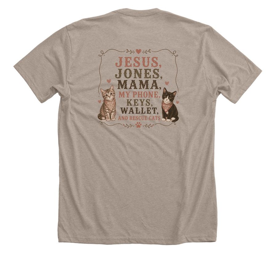 Jesus, Jones...and Rescue Cats, a Heather Stone Premium Unisex Tee (back-view)