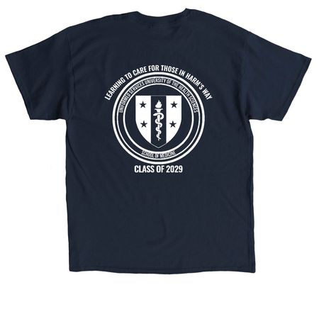 Teena's class shirt (adult and youth sizes), a Navy Classic Unisex Tee (back-view)