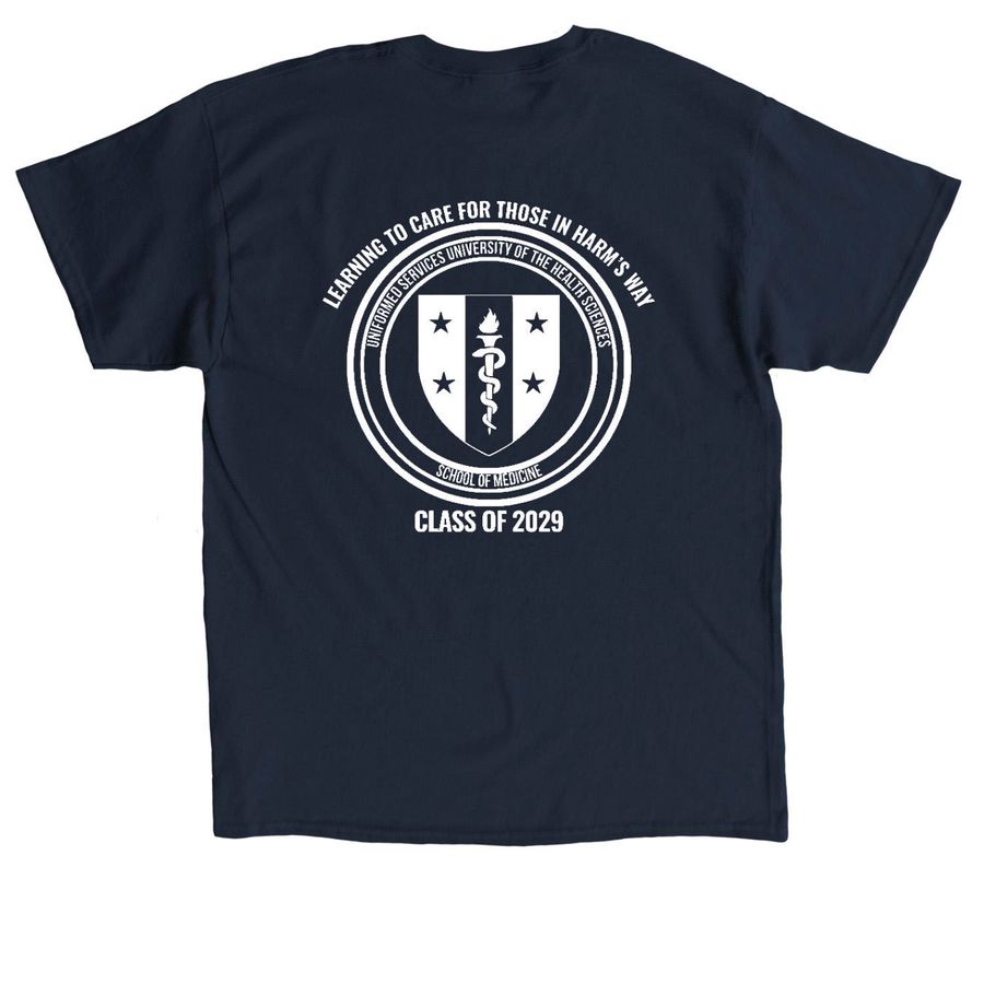 Teena's class shirt (adult and youth sizes), a Navy Classic Unisex Tee (back-view)