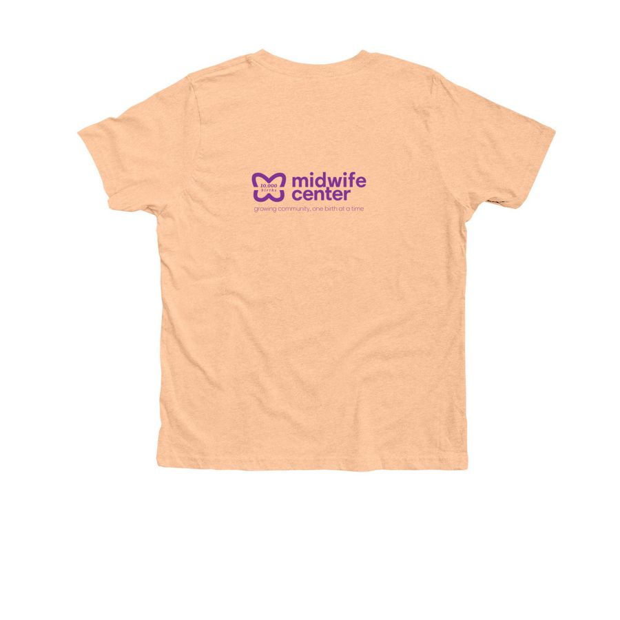A Midwife helped me out (Youth), a Heather Peach Premium Youth Tee (back-view)