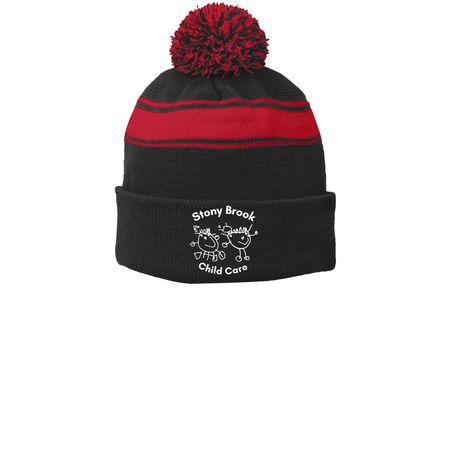 Winter Beanie, a Black/ True Red Printed Stripe Pom-Pom Beanie