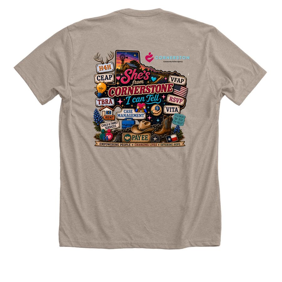 She's from Cornerstone, a Heather Stone Premium Unisex Tee (back-view)