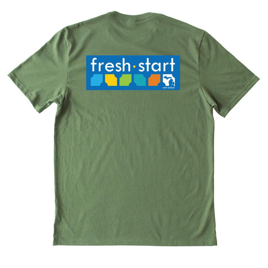 Fresh Start Clubhouse, a Olive You Green Allmade Heavyweight Recycled Cotton Tee (back-view)