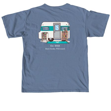Camper Bookshop Shirt, a Blue Jean Comfort Colors Unisex Tee (back-view)